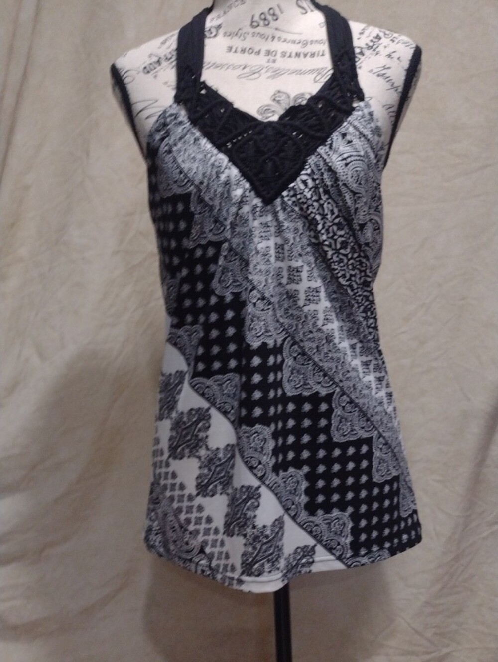 le chateau Black and White Paisley Halter Tank with Crochet Trim